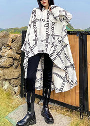 Handmade lapel asymmetric spring tunics for women white print loose shirt - SooLinen
