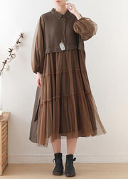 Handmade lapel patchwork tulle clothes Catwalk chocolate robes Dresses - SooLinen