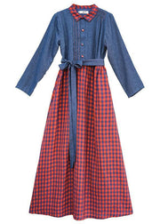 Handmade lapel spring clothes Neckline blue patchwork plaid Dresses - SooLinen