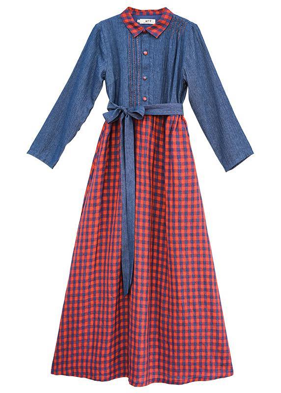 Handmade lapel spring clothes Neckline blue patchwork plaid Dresses - SooLinen