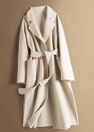 Handmade lapel tie waist Fine Woolen Coats Women Notched Woolen Coats - SooLinen