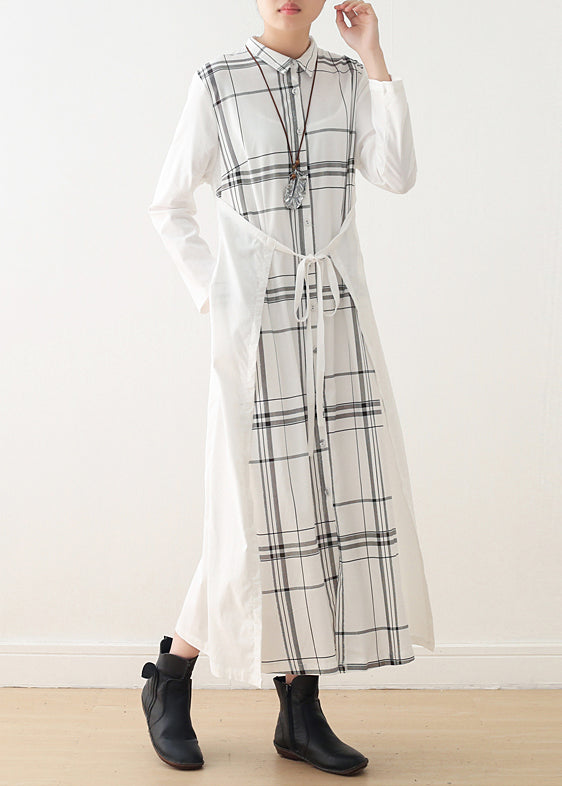 Handmade lapel tie waist cotton quilting dresses Omychic Sleeve white Plaid Maxi Dresses spring