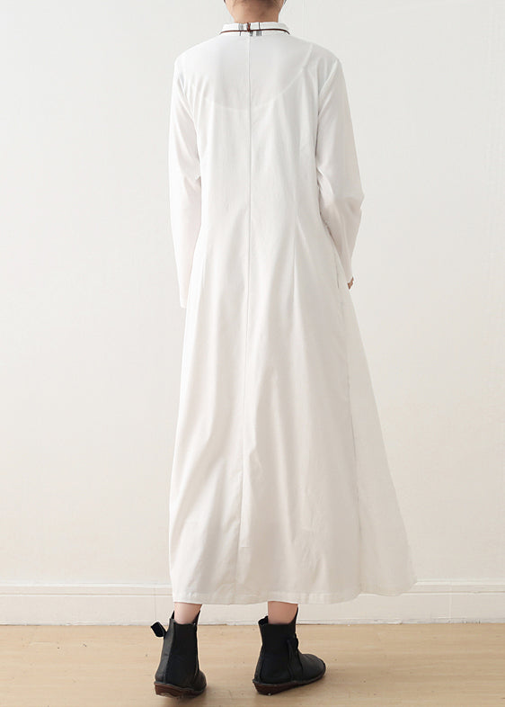Handmade lapel tie waist cotton quilting dresses Omychic Sleeve white Plaid Maxi Dresses spring