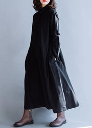 Handmade lapel Cinched dress black cotton Dresses fall - SooLinen