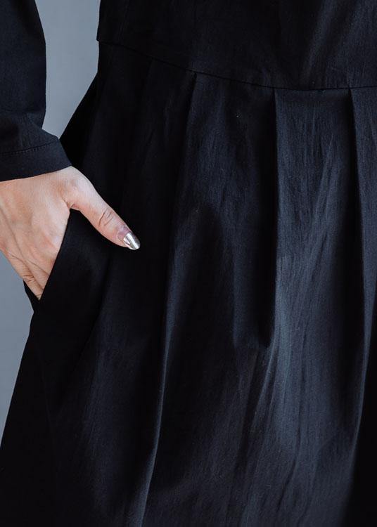 Handmade lapel Cinched dress black cotton Dresses fall - SooLinen