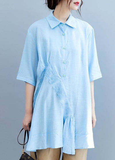 Handmade light blue Blouse lapel half sleeve Midi blouses - SooLinen