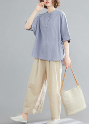 Handmade light blue linen linen tops women blouses Work Button Down elastic waist shirts - SooLinen