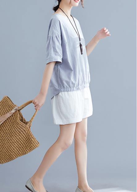Handmade light gray cotton linen shirts women o neck half sleeve summer tops - SooLinen
