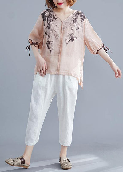 Handmade light pink print cotton linen Blouse v neck side open summer top - SooLinen