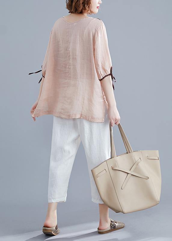 Handmade light pink print cotton linen Blouse v neck side open summer top - SooLinen