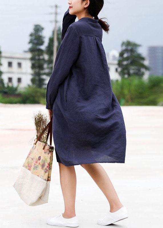 Handmade linen Robes Fashion Retro Blue Splice Turn-down Collar Linen Dress