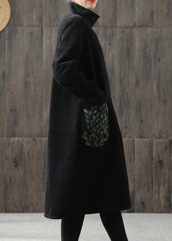 Handmade linen Tunics Women Embroidered Turtleneck Winter Cotton Midi Dress