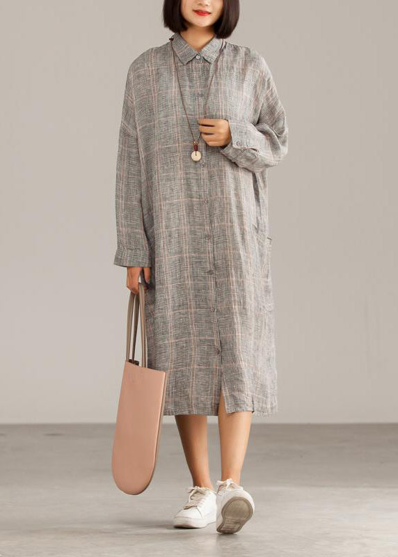 Handmade linen dresses 18th Century Dark Gray Linen Plaid Casual Autumn Shirtdress