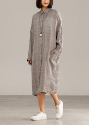 Handmade linen dresses 18th Century Dark Gray Linen Plaid Casual Autumn Shirtdress