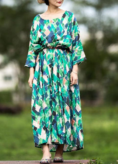 Handmade multicolor Plaid cotton clothes o neck tie waist Maxi summer Dresses - SooLinen