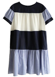 Handmade navy Robes patchwork Cinched Dress - SooLinen