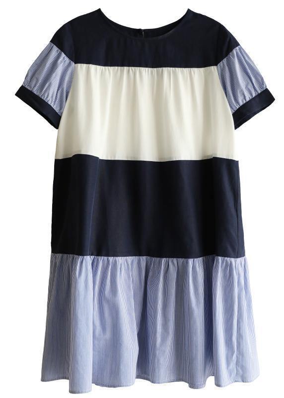 Handmade navy Robes patchwork Cinched Dress - SooLinen