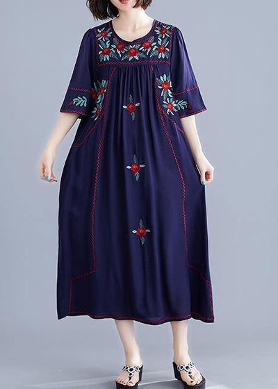 Handmade navy embroidery cotton clothes For Women o neck Cinched cotton robes summer Dress - SooLinen