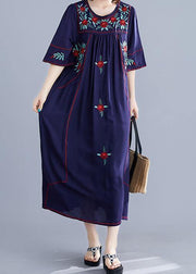 Handmade navy embroidery cotton clothes For Women o neck Cinched cotton robes summer Dress - SooLinen
