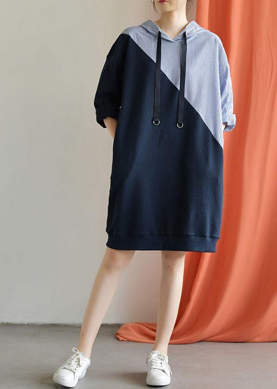 Handmade navy patchwork Cotton quilting clothes hooded daily fall Dress - SooLinen