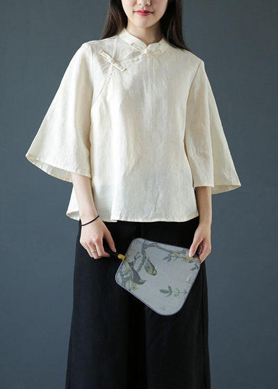 Handmade nude linen Blouse stand collar Chinese Button tunic shirts - SooLinen