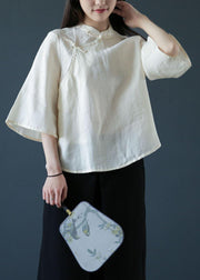 Handmade nude linen Blouse stand collar Chinese Button tunic shirts - SooLinen