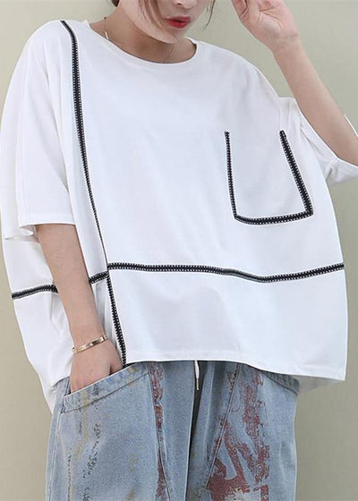 Handmade o neck Batwing Sleeve cotton summer top pattern white top - SooLinen