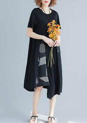 Handmade o neck Cotton clothes For Women Sleeve patchwork black prints Dress summer - SooLinen