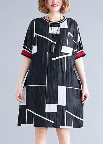 Handmade o neck Cotton clothes For Women Work black print Dresses - SooLinen