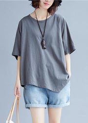 Handmade o neck asymmetric cotton clothes For Women gray blouse - SooLinen