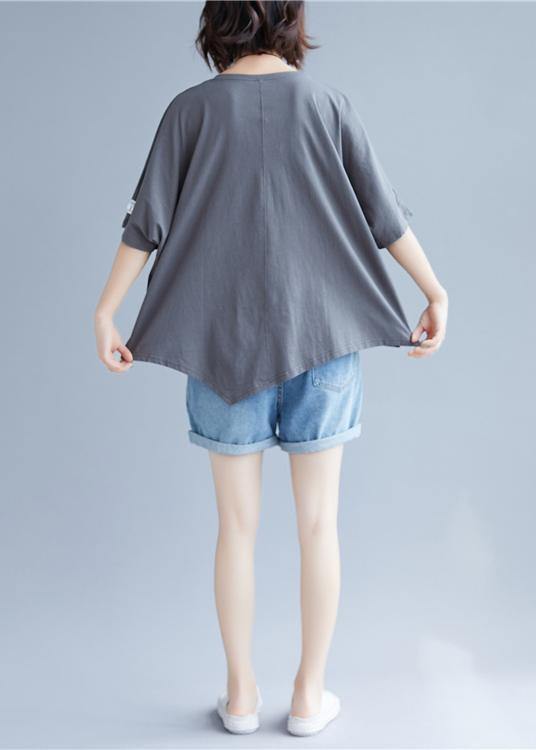 Handmade o neck asymmetric cotton clothes For Women gray blouse - SooLinen