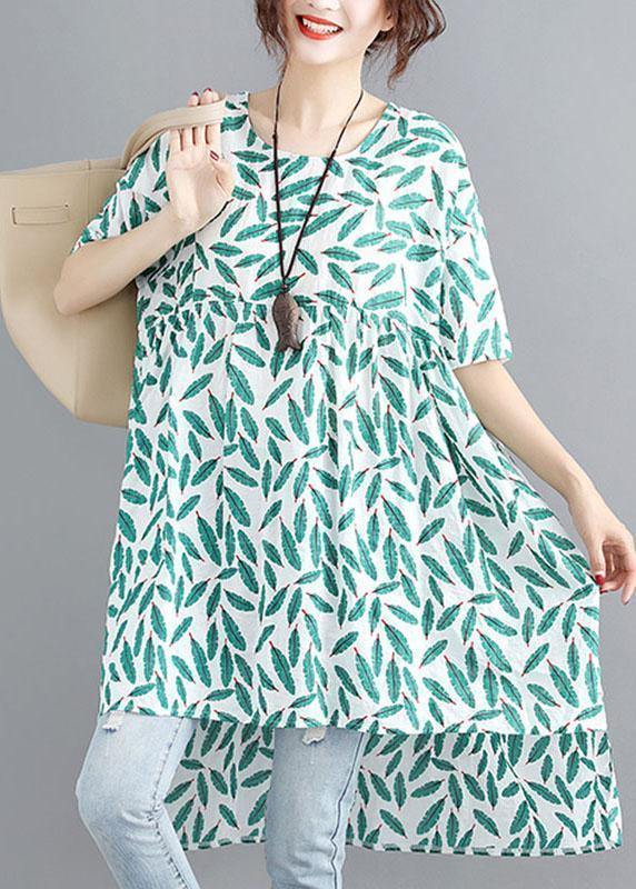 Handmade o neck asymmetric cotton linen dresses green print Dresses summer - SooLinen