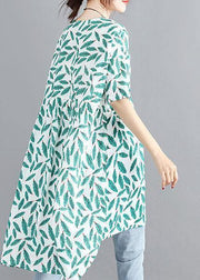 Handmade o neck asymmetric cotton linen dresses green print Dresses summer - SooLinen