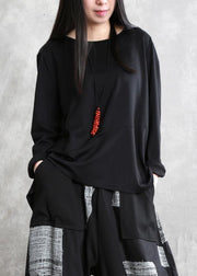 Handmade o neck asymmetric cotton tunic top Shirts black top - SooLinen
