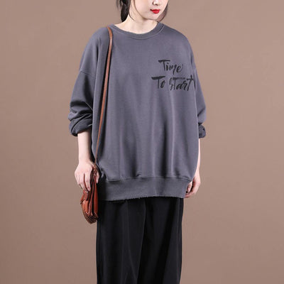 Handmade o neck baggy fall clothes For Women design dark gray Letter top - SooLinen