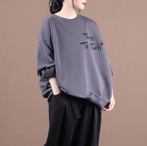 Handmade o neck baggy fall clothes For Women design dark gray Letter top - SooLinen