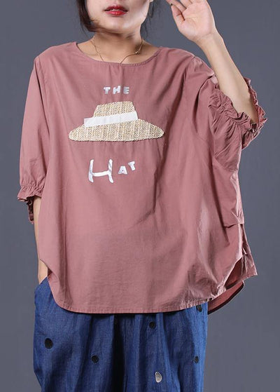 Handmade o neck cotton Long Shirts Inspiration pink prints top summer - SooLinen