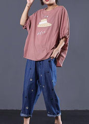 Handmade o neck cotton Long Shirts Inspiration pink prints top summer - SooLinen