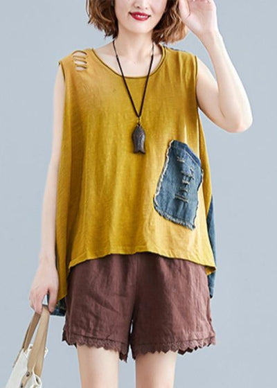 Handmade o neck cotton tops women Shape yellow patchwork denim tops - SooLinen