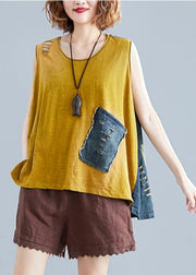 Handmade o neck cotton tops women Shape yellow patchwork denim tops - SooLinen