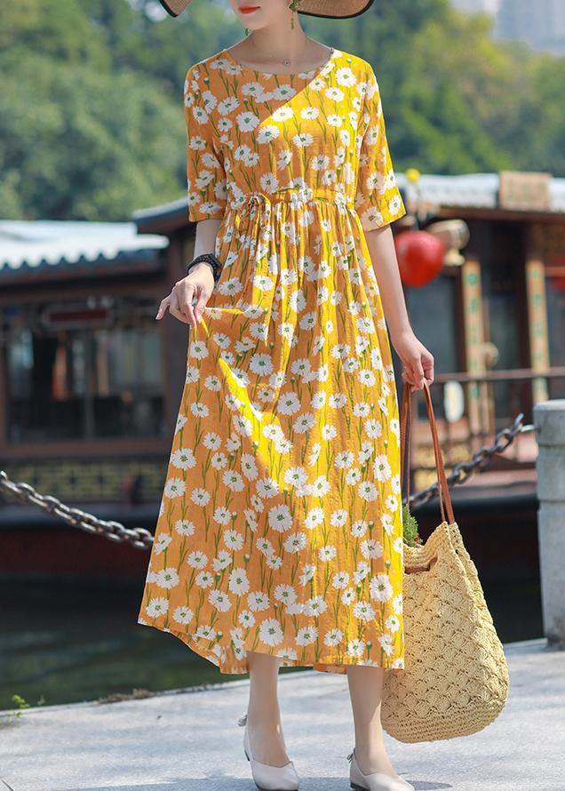 Handmade o neck drawstring cotton yellow print Maxi Dress summer - SooLinen