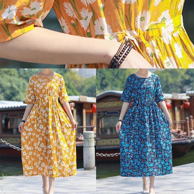 Handmade o neck drawstring cotton yellow print Maxi Dress summer - SooLinen