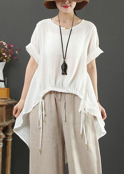 Handmade o neck drawstring linen summer Blouse Shape white shirts - SooLinen