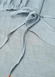 Handmade o neck drawstring linen summer Blouse Shape white shirts - SooLinen
