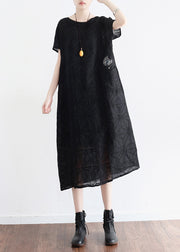 Handgefertigte O-Hals-Stickerei Taschen Leinenkleidung Korea Runway schwarz Baggy Kleider Sommer
