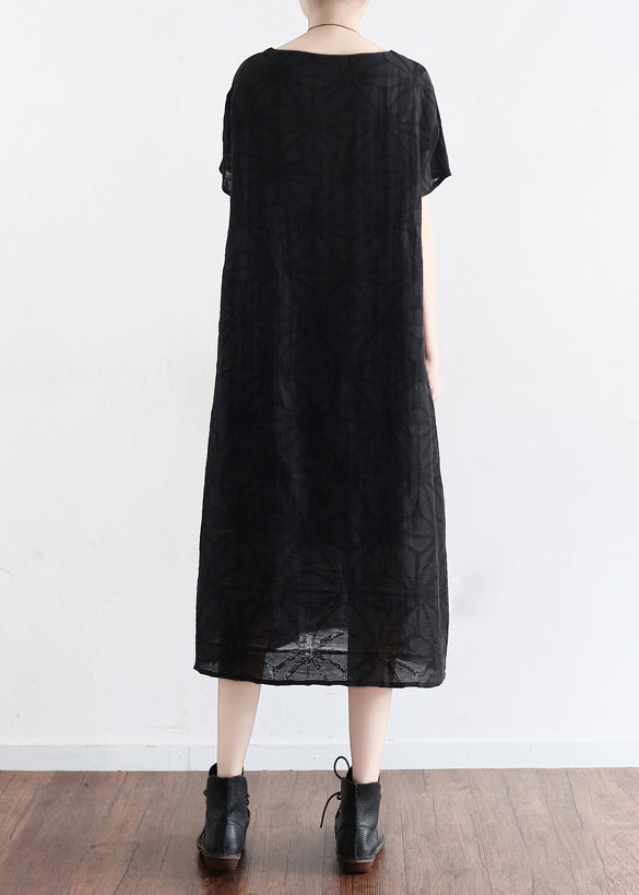 Handgefertigte O-Hals-Stickerei Taschen Leinenkleidung Korea Runway schwarz Baggy Kleider Sommer