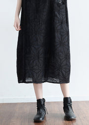Handmade o neck embroidery pockets linen clothes Korea Runway black baggy Dresses Summer
