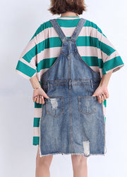 Handmade o neck false two pieces Cotton Wardrobes Sweets Runway green striped short Dresses Summer