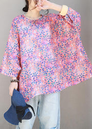 Handmade o neck linen clothes Wardrobes pink floral blouses bracelet sleeved - SooLinen