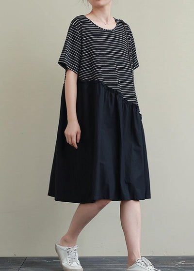 Handmade o neck patchwork Cotton Tunic Neckline black striped Dress - SooLinen